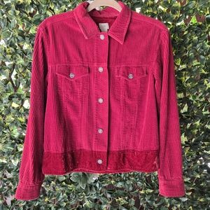 J Jill Jacket Red Corduroy Velvet Collared Button Down Vintage Coat Size Small